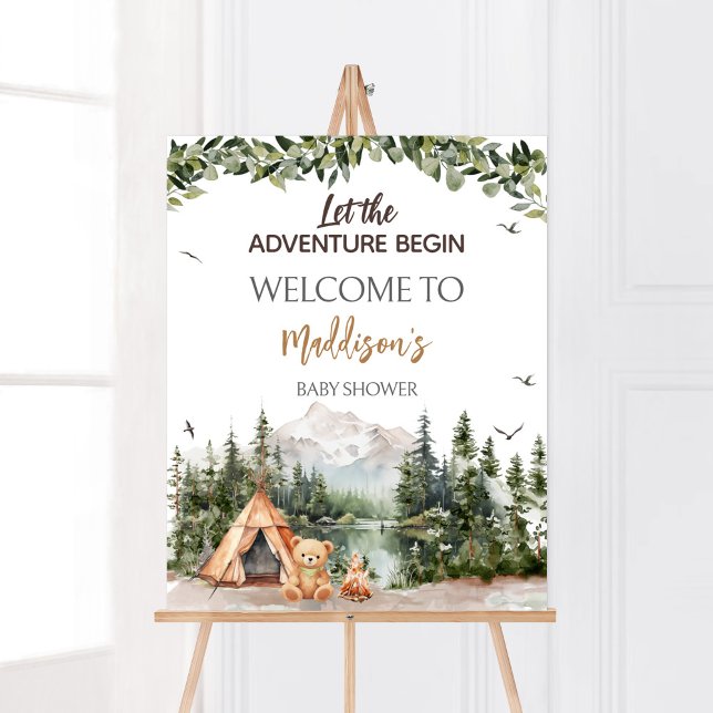 Póster Bienvenidos a la montaña Adventure Awaits (Let the Adventure Begin Baby Shower Welcome Sign)