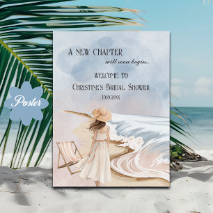 Póster Bienvenidos a la playa de acuarela y a la ducha de