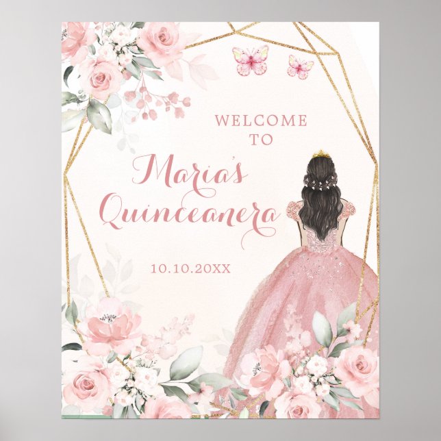 Póster Bienvenidos a la Princesa Floral Rosa Rubor Quince (Frente)