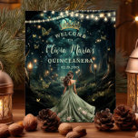 Póster Bienvenidos a la Quinceañera del Bosque Encantado<br><div class="desc">Personalice este encantador cartel de bienvenida de Quinceañera / dulce de 16 años, poster fácil y rápido. Simplemente haga clic en el botón Editar usando herramientas de diseño para editar el texto, cambiar estilos de fuente y colores de fuente. Con un chica vestido con un bonito vestido verde sabio y...</div>