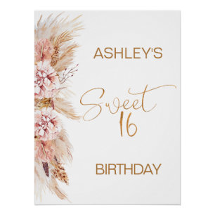 Póster Bienvenidos a la Rubor Boho Pampas Grass Sweet 16