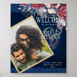 Póster Bienvenidos a la Rústica Lace Floral Azul Borgoña