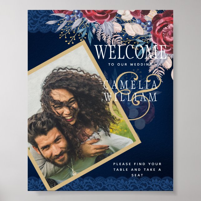 Póster Bienvenidos a la Rústica Lace Floral Azul Borgoña (Frente)