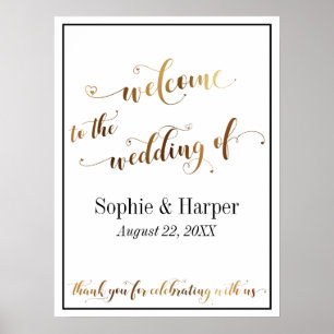 Póster Bienvenidos a la tipografía de boda de oro y negro