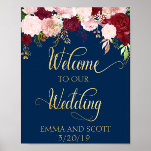 Póster Bienvenidos a Nuestra Boda Azul Marino Burgundy Do