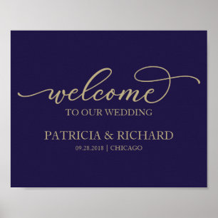 Póster Bienvenidos a Nuestra Boda Chic Oro Script Azul Ma