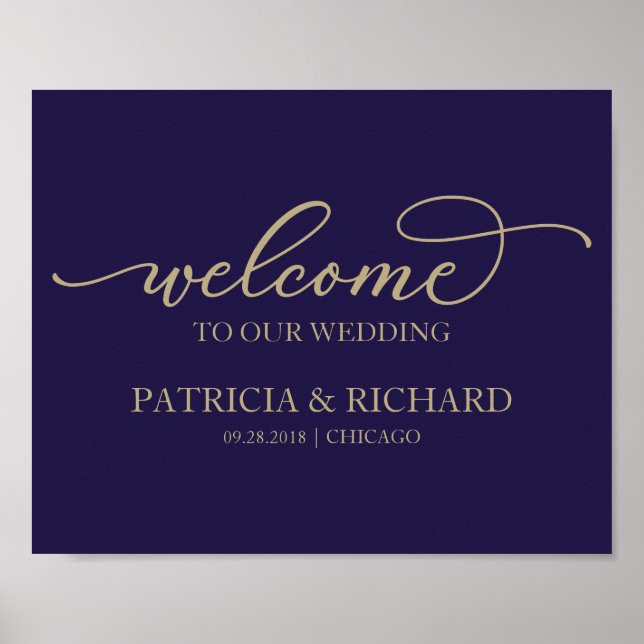 Póster Bienvenidos a Nuestra Boda Chic Oro Script Azul Ma (Frente)