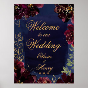 Póster Bienvenidos A Nuestra Boda De Burdeos De Marina De