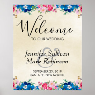Póster Bienvenidos a nuestra Boda Flores Rosa y Azul