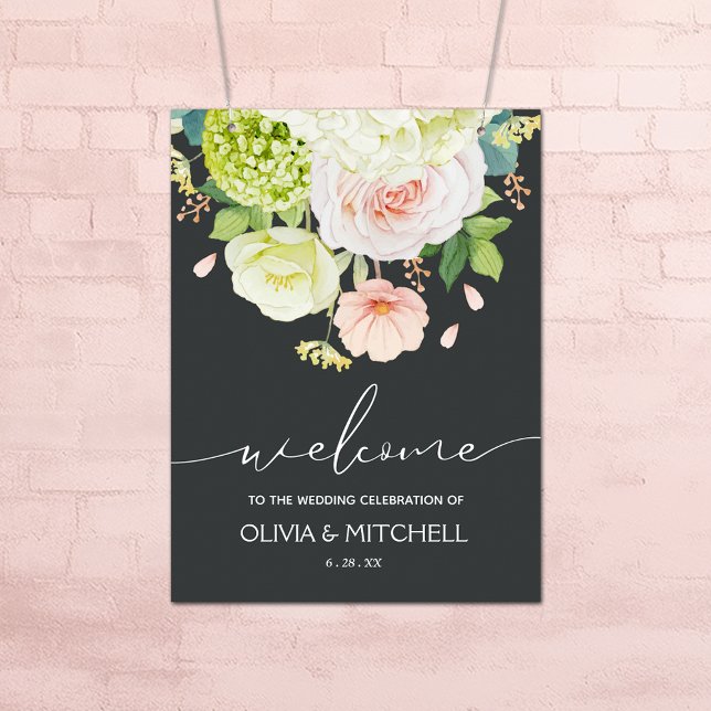 Póster Bienvenidos a nuestra floral Boda (Flowers on Pale Onyx Wedding Welcome Poster - INSTANT DOWNLOAD or PRINTED (framed, too))