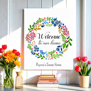 Póster Bienvenidos a nuestra tipografía floral verde en c