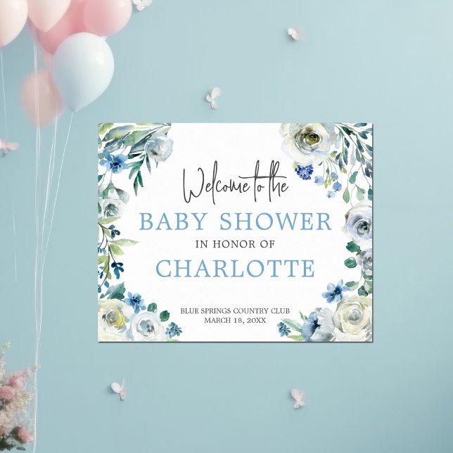 Póster Bienvenidos a nuestro Baby Shower Elegant Blue Flo (Subido por el creador)