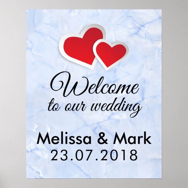 Póster Bienvenidos A Nuestro Boda 2 Corazones Rojos (Frente)