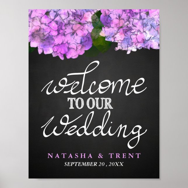 Póster Bienvenidos A Nuestro Boda Chalkboard Hydrangea Fl (Frente)