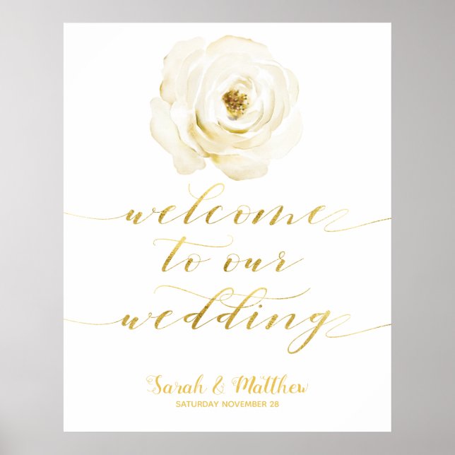 Póster Bienvenidos A Nuestro Boda Con Oro Floral Blanco (Frente)