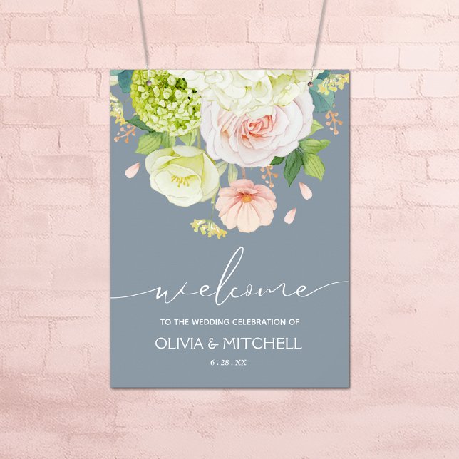 Póster Bienvenidos a nuestro Boda Dusty Blue (Flowers on Dusty Blue Wedding Welcome Poster - INSTANT DOWNLOAD or PRINTED (framed, too))