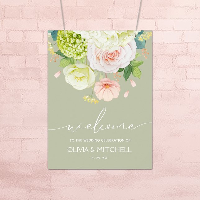 Póster Bienvenidos a nuestro Boda Sage Green (Flowers on Sage Green Wedding Welcome Poster - INSTANT DOWNLOAD or PRINTED (framed, too))