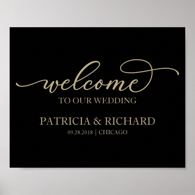 Póster Bienvenidos a Nuestro Chic Boda Letra Script Dorad (Frente)