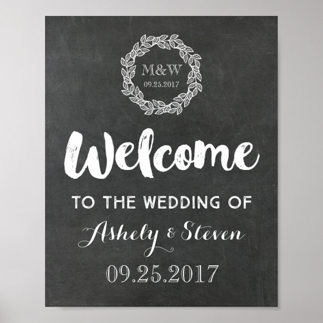 Póster Bienvenidos a nuestro Rótulo Boda Chalkboard Wreat (Frente)