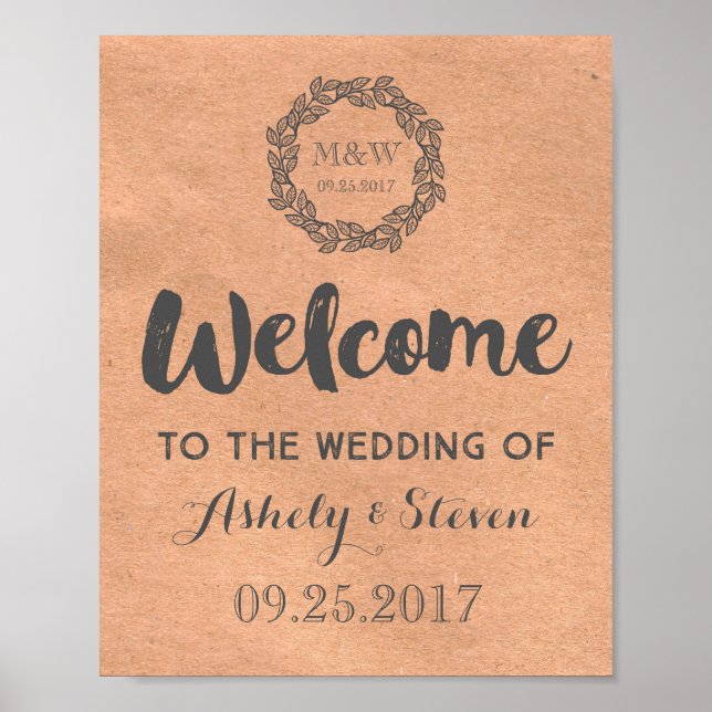Póster Bienvenidos a nuestro Rótulo Boda Kraft Paper Wrea (Frente)