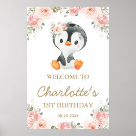 Póster Bienvenidos a primer cumpleaños del Pingüino Flora
