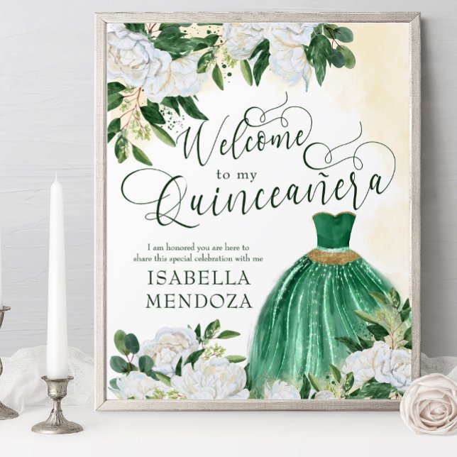 Póster Bienvenidos a Quinceanera (Quinceanera welcome poster with princess gown from my Emerald Greenery & White Peony collection)