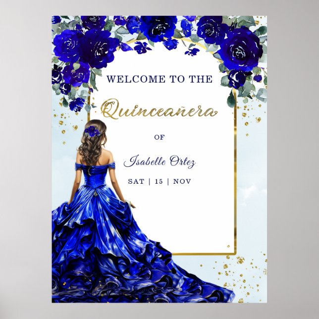 Póster Bienvenidos a Quinceañera Azul Real y Oro (Frente)