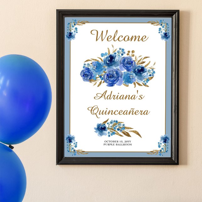 Póster Bienvenidos a Quinceanera con Rosa azul y hoja de  (Printable Welcome Poster from my Rose and Gold Leaf quinceanera collection)