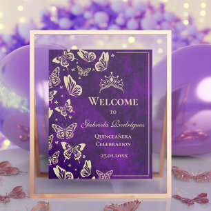Póster Bienvenidos a Quinceañera de 15 Años de Oro Púrpur