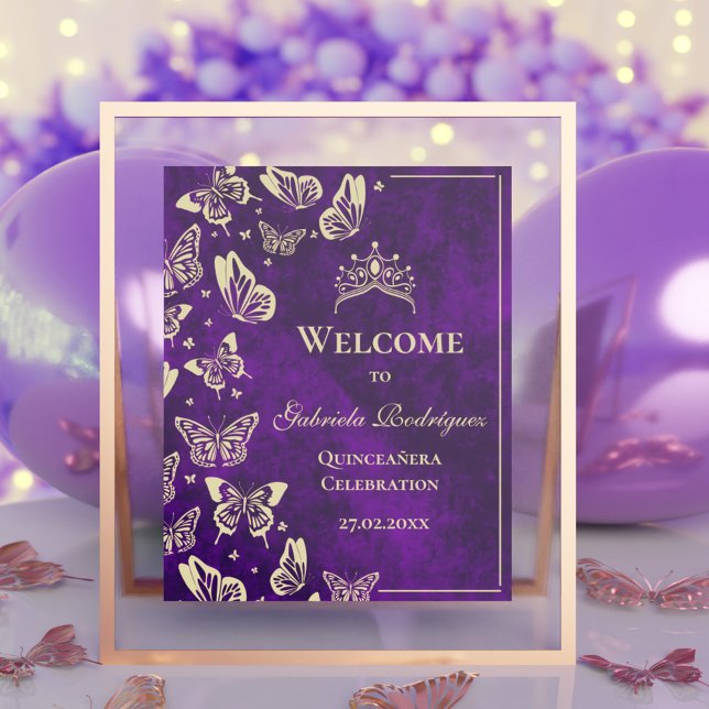 Póster Bienvenidos a Quinceañera de 15 Años de Oro Púrpur (Purple Gold 15th Birthday Quinceañera Welcome Poster)
