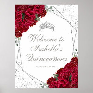 Póster Bienvenidos a Quinceanera floral roja y plateada