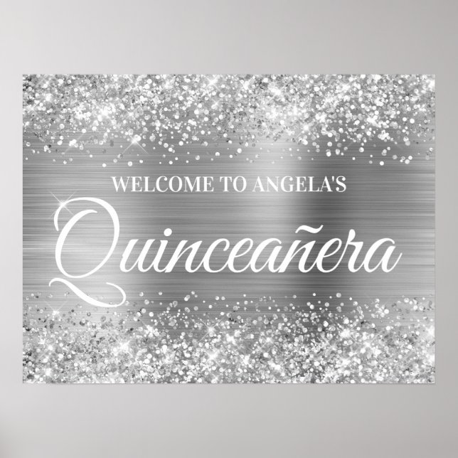 Póster Bienvenidos a Quinceanera, Purpurina de Plata y Re (Frente)