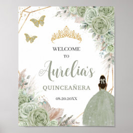Póster Bienvenidos a Quinceañera Sage Green Floral Pampas