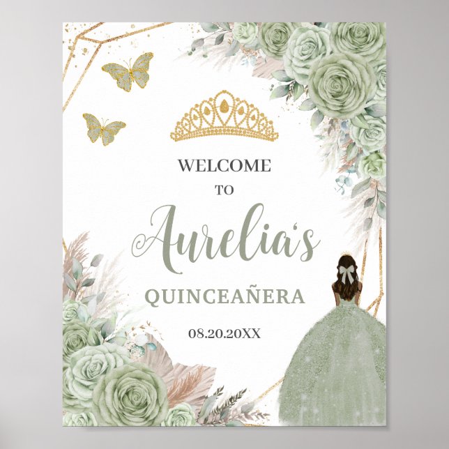 Póster Bienvenidos a Quinceañera Sage Green Floral Pampas (Frente)