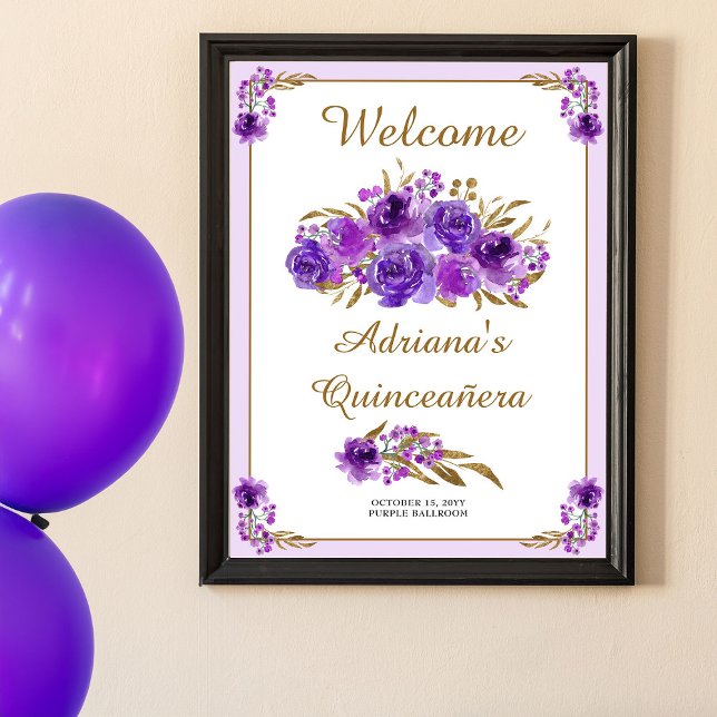 Póster Bienvenidos a Quinceanera, una hoja de oro de Rosa (Purple floral welcome poster  (print or printable) from my Rose and Gold Leaf quinceanera collection)