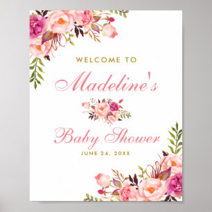 Póster Bienvenidos a Rubor Floral y Gold Baby Shower rosa