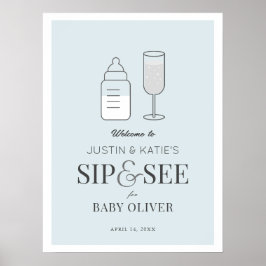 Póster Bienvenidos a Sip & See Champagne Blue Baby Shower
