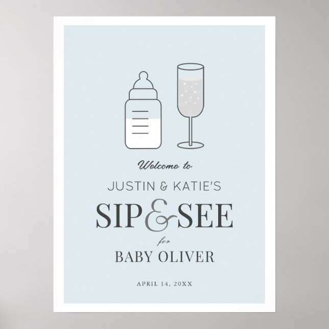 Póster Bienvenidos a Sip & See Champagne Blue Baby Shower (Frente)