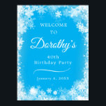 Póster Bienvenidos a Snowflake Blue de 40th Birthday, des<br><div class="desc">Fije el tono para su fiesta de 40 años con este paro de exposición de carteles de bienvenida de copo de nieve de Winter Wonderland. Para su comodidad, este poster se puede descargar y pedir en papel. El texto blanco sobre el fondo azul bonito realmente aparece y el borde blanco...</div>