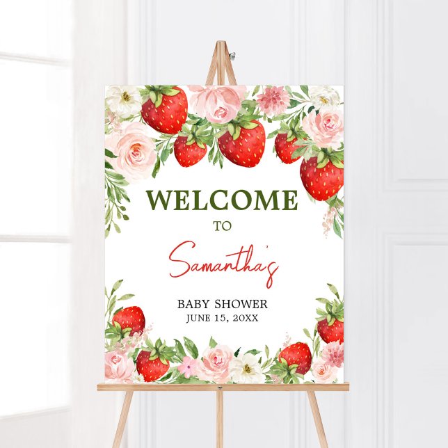 Póster Bienvenidos a Strawberry Baby Shower (Pink Floral Strawberry Baby Shower Welcome Sign)