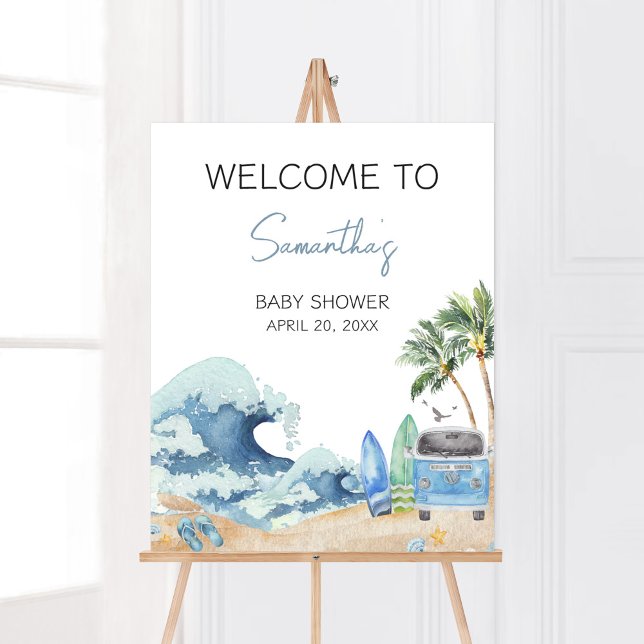 Póster Bienvenidos a Surf Board Beach Baby Shower (Surfing Summer Baby Shower Welcome Sign)