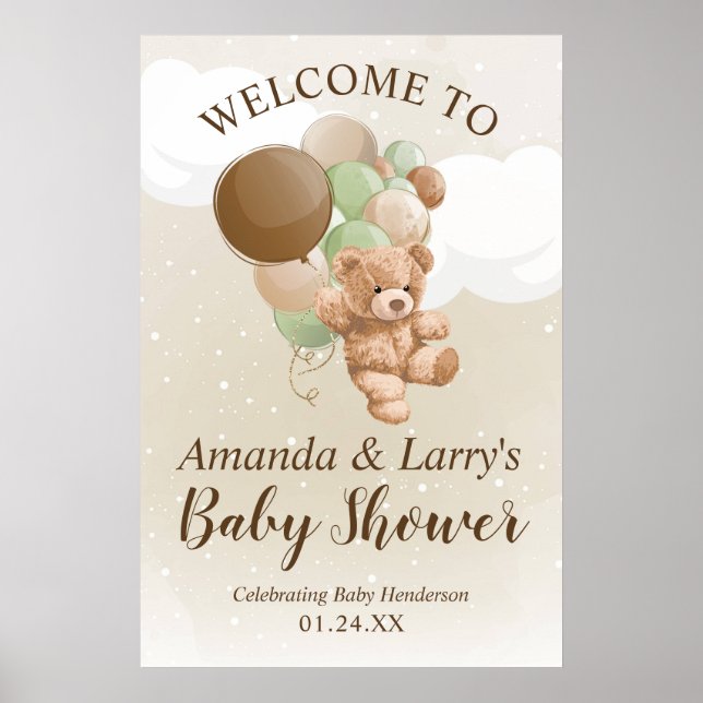 Póster Bienvenidos a Teddy Bear con globos verdes y marro (Frente)