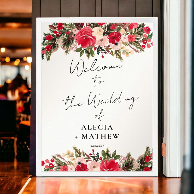 Póster Bienvenidos a una boda de invierno con flores roja (Rustic Red green Floral Winter Wedding Welcome Poster)