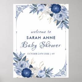 Póster Bienvenidos a Vintage Elegant Blue Floral Baby Sho