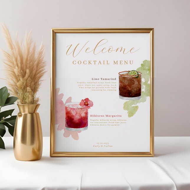 Póster Bienvenidos a Watercolor Cocktails Menú de bebidas (Welcome Watercolor Cocktails Wedding Drink Menu Poster)