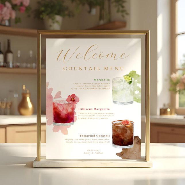 Póster Bienvenidos a Watercolor Cocktails Menú de bebidas (Welcome Watercolor Cocktails Wedding Drink Menu Poster)