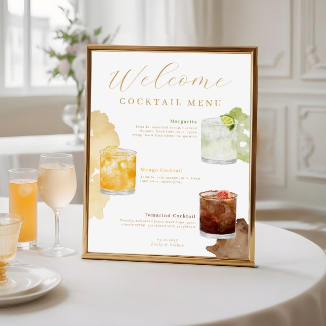 Póster Bienvenidos a Watercolor Cocktails Menú de bebidas (Welcome Watercolor Cocktails Wedding Drink Menu Poster)