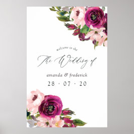 Póster Bienvenidos a Watercolor Marsala y Rubor Floral Bo