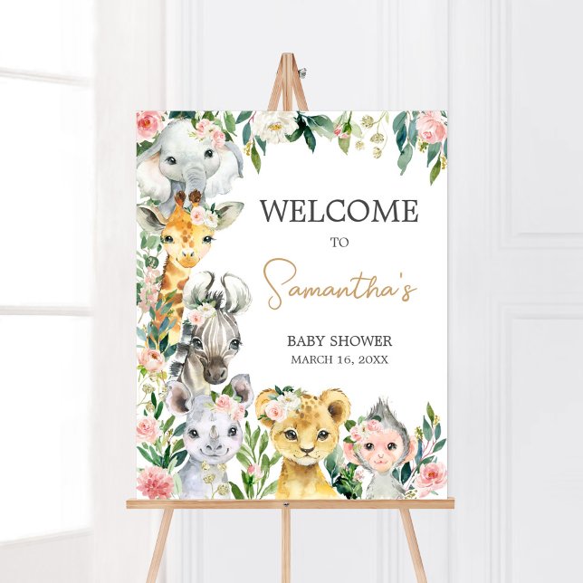 Póster Bienvenidos a Wild One Floral Safari en Baby Showe (Greenery Floral Wild One Baby Shower Welcome Sign)