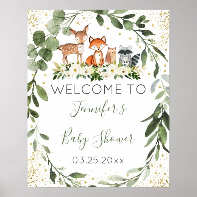 Póster Bienvenidos a Woodland Baby Shower Greenery (Frente)